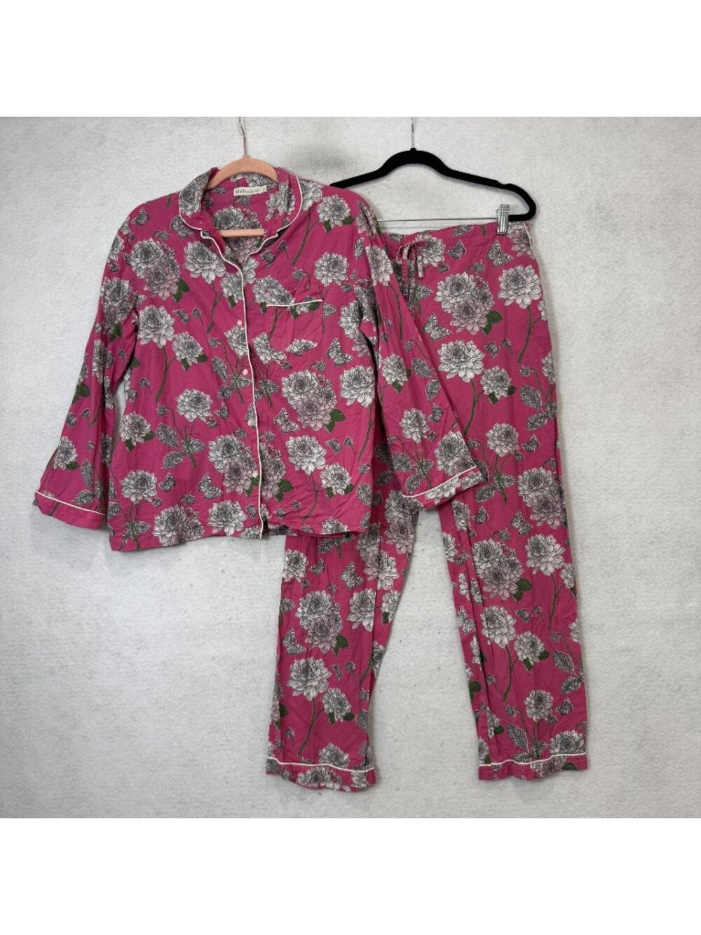 Mahogany Pajama Set Womens Small Pink Floral Butterfly Cotton Long Sleeve Sleep